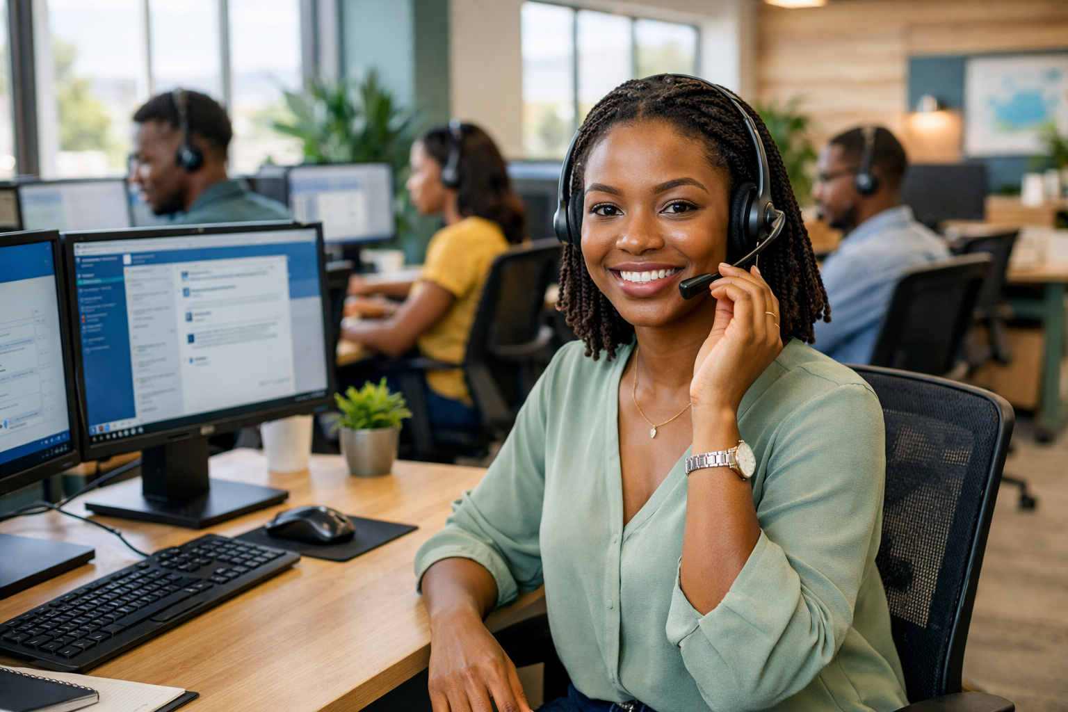 Équipe CallConnect Bénin au travail dans un centre d'appels moderne